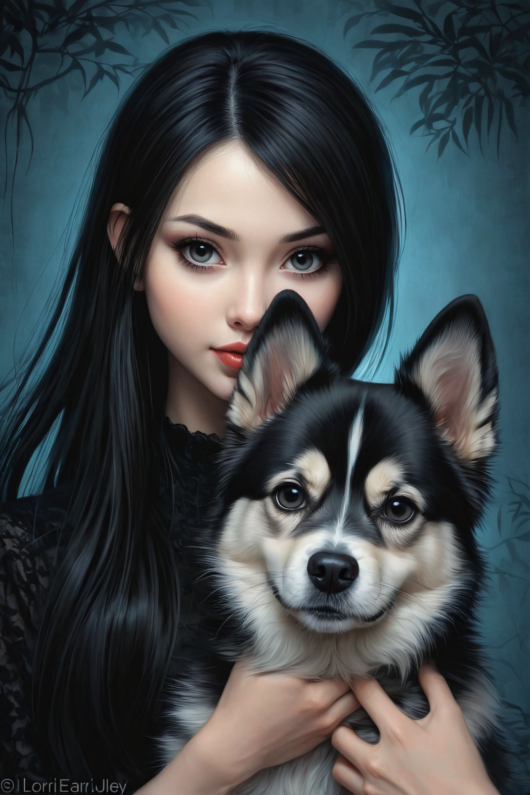 20240126220314 447273446 by Lori Earley and Stuart Immonen in the style of Junji Ito, cute 18 year old woman and her dog, digital painting _lora_digital_.png